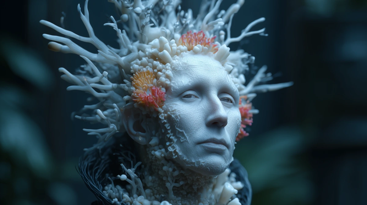 Visage blanc aux formes végétales, visuel de Devenir|s Mutant·es